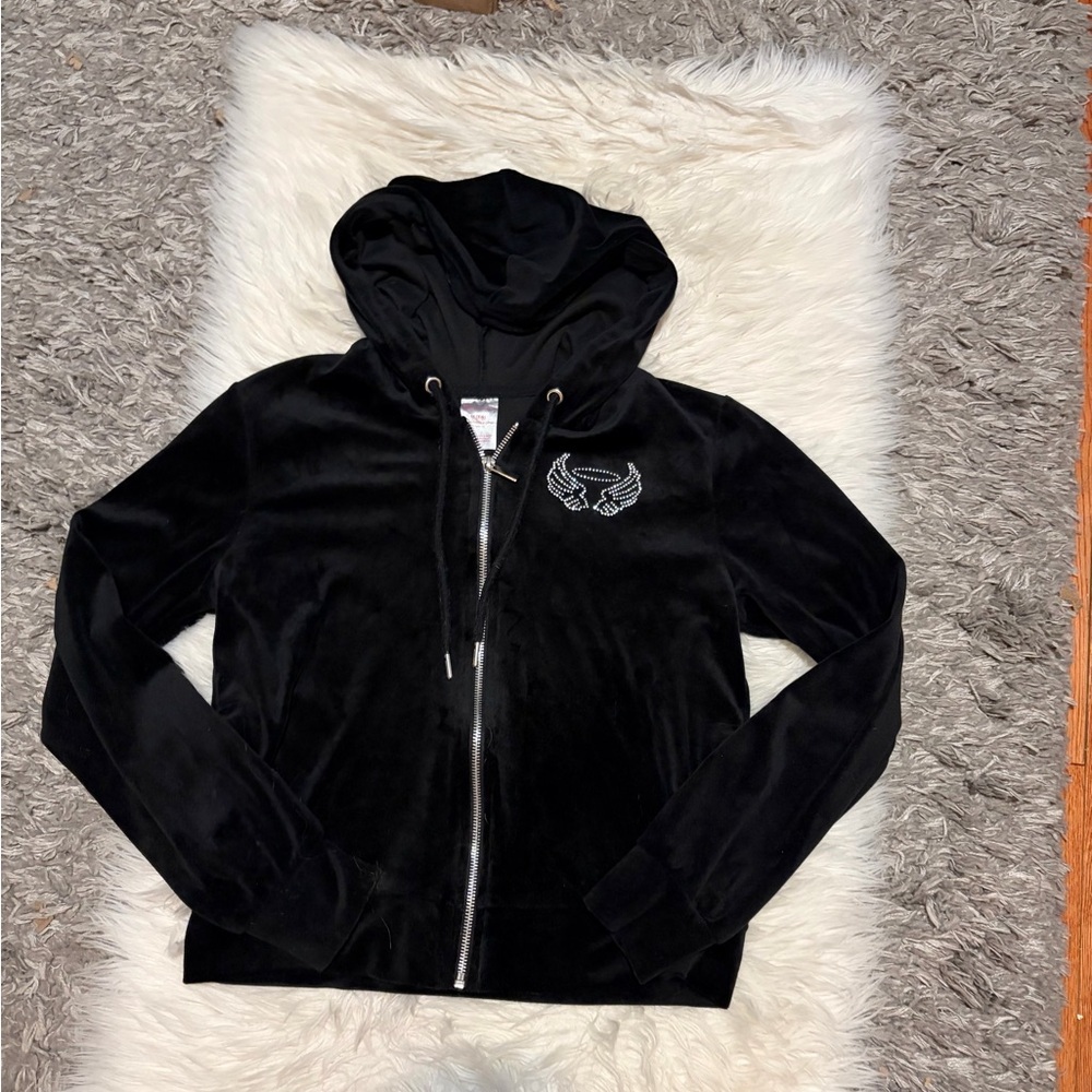 Black Velour Zip-Up Hoodie with Rhinestone Wings - Picture 1 of 3